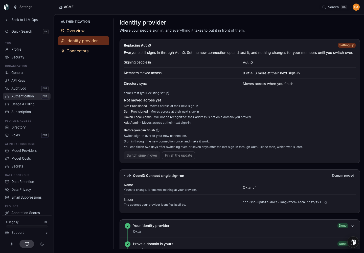 The update status reads Setting up. The previous provider still signs people in, and the outstanding conditions are listed.
