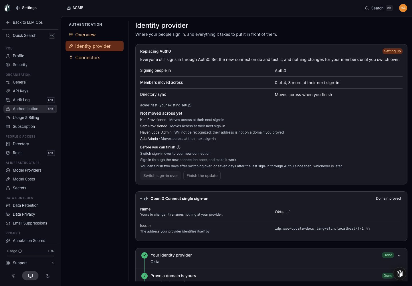 The update status reads Setting up. The previous provider still signs people in, and the outstanding conditions are listed.