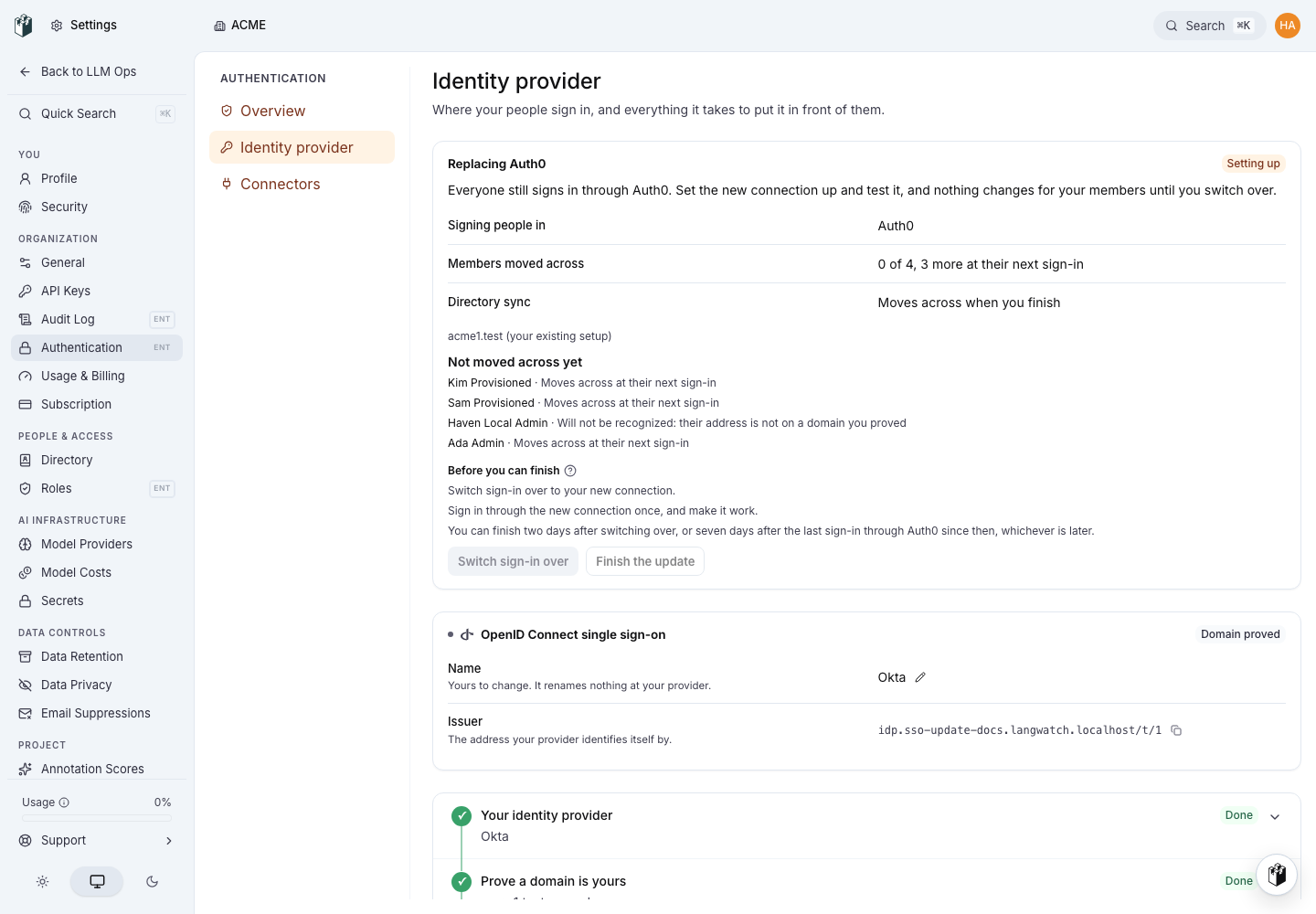 The update status reads Setting up. The previous provider still signs people in, and the outstanding conditions are listed.