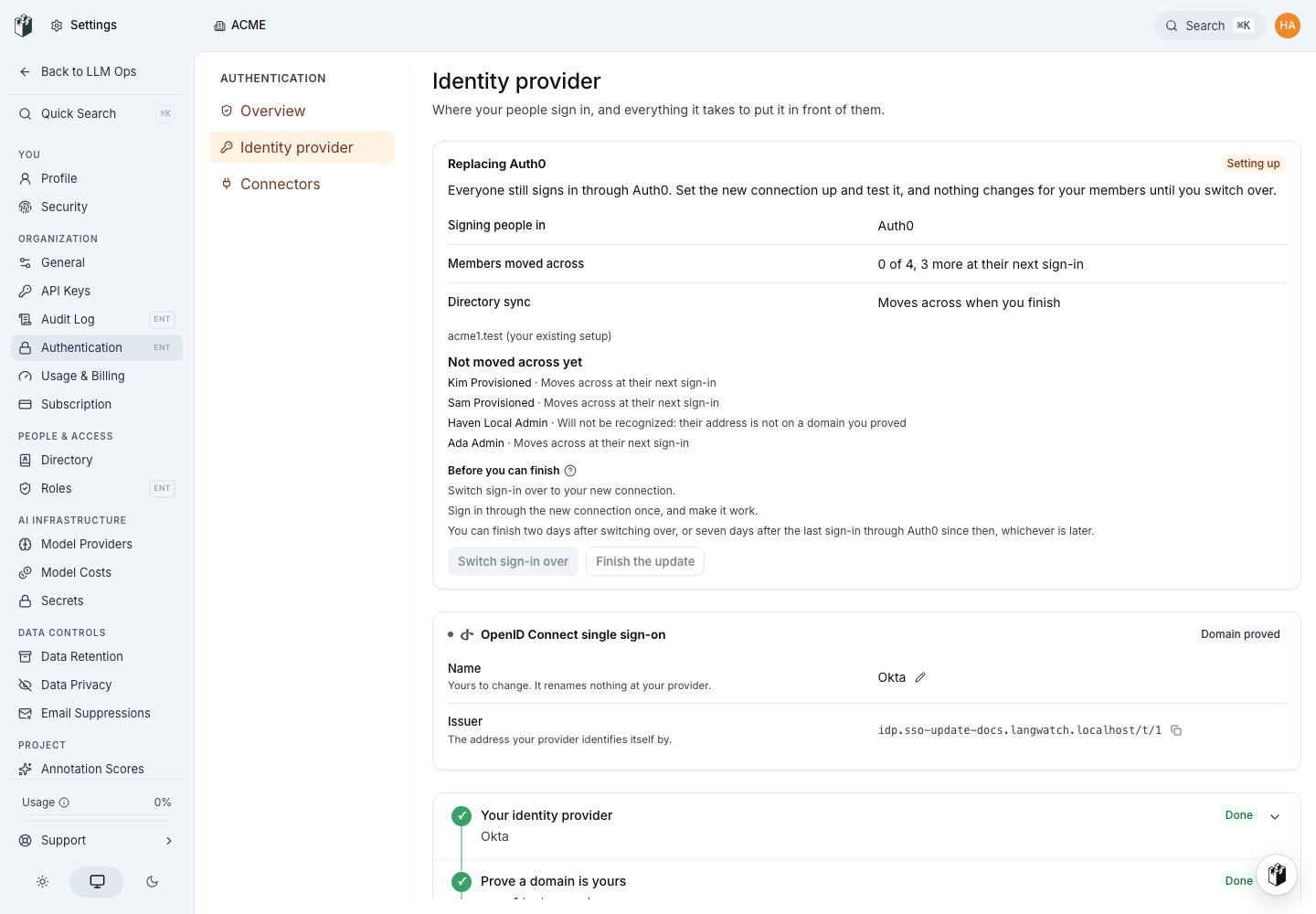 The update status reads Setting up. The previous provider still signs people in, and the outstanding conditions are listed.