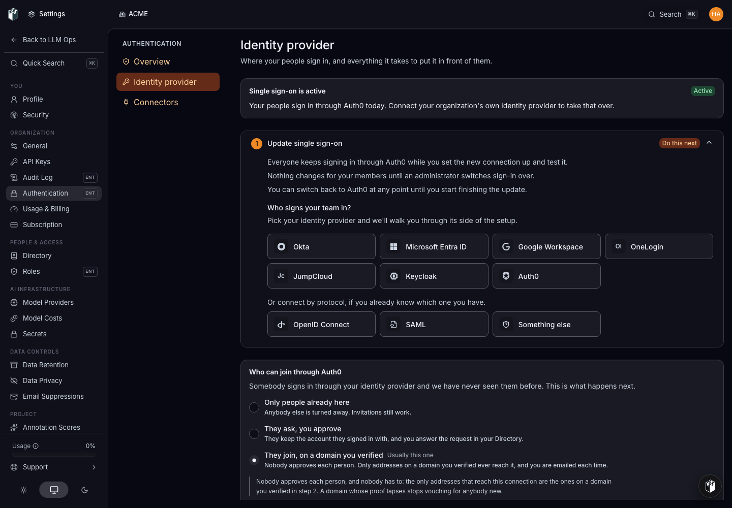 The Single sign-on page for an organization whose sign-in LangWatch set up. Single sign-on is active and Update single sign-on is the next step.