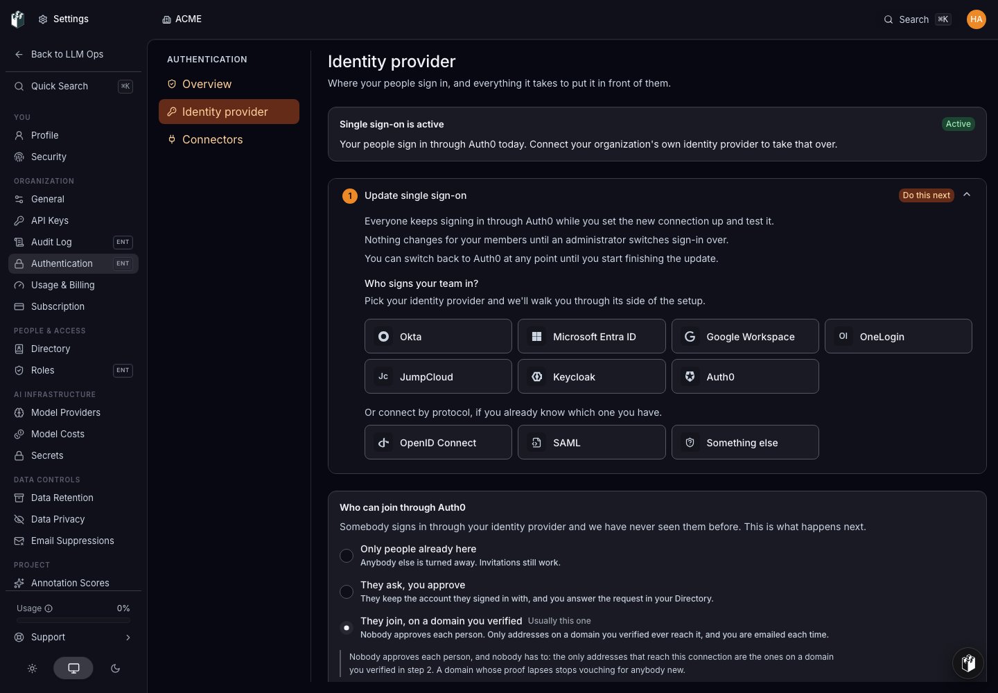 The Single sign-on page for an organization whose sign-in LangWatch set up. Single sign-on is active and Update single sign-on is the next step.