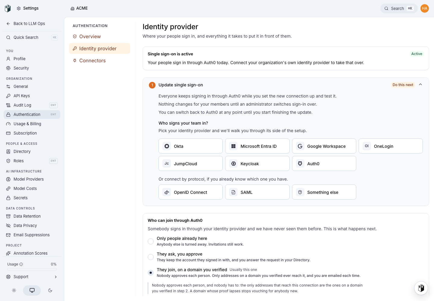 The Single sign-on page for an organization whose sign-in LangWatch set up. Single sign-on is active and Update single sign-on is the next step.
