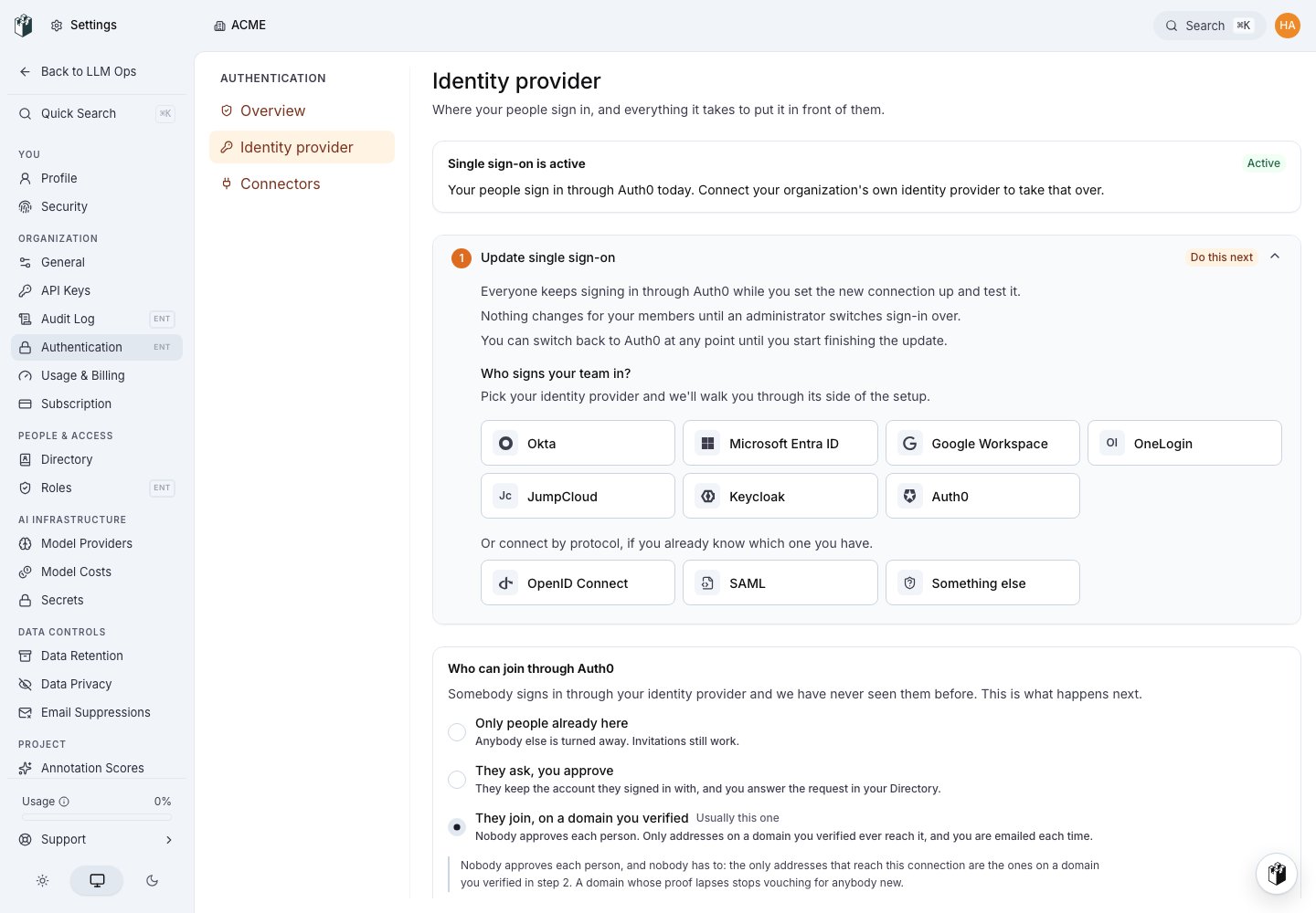 The Single sign-on page for an organization whose sign-in LangWatch set up. Single sign-on is active and Update single sign-on is the next step.