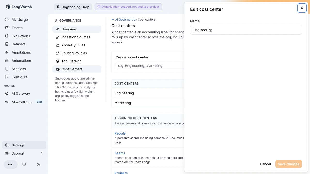Edit cost center drawer