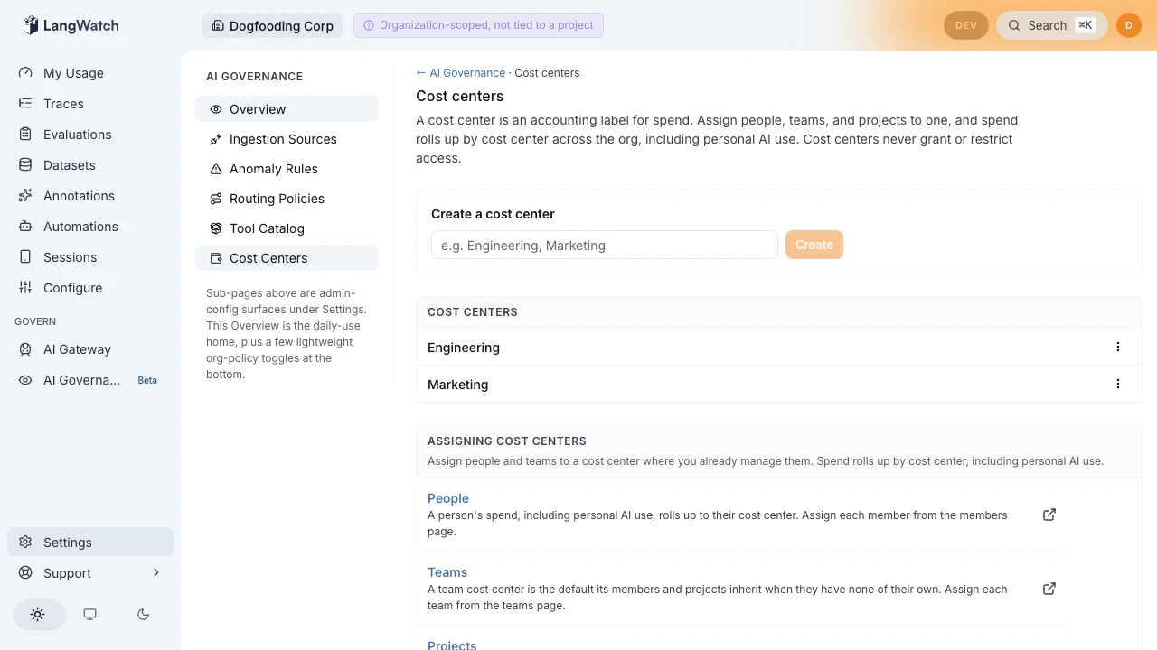 Cost-centers page