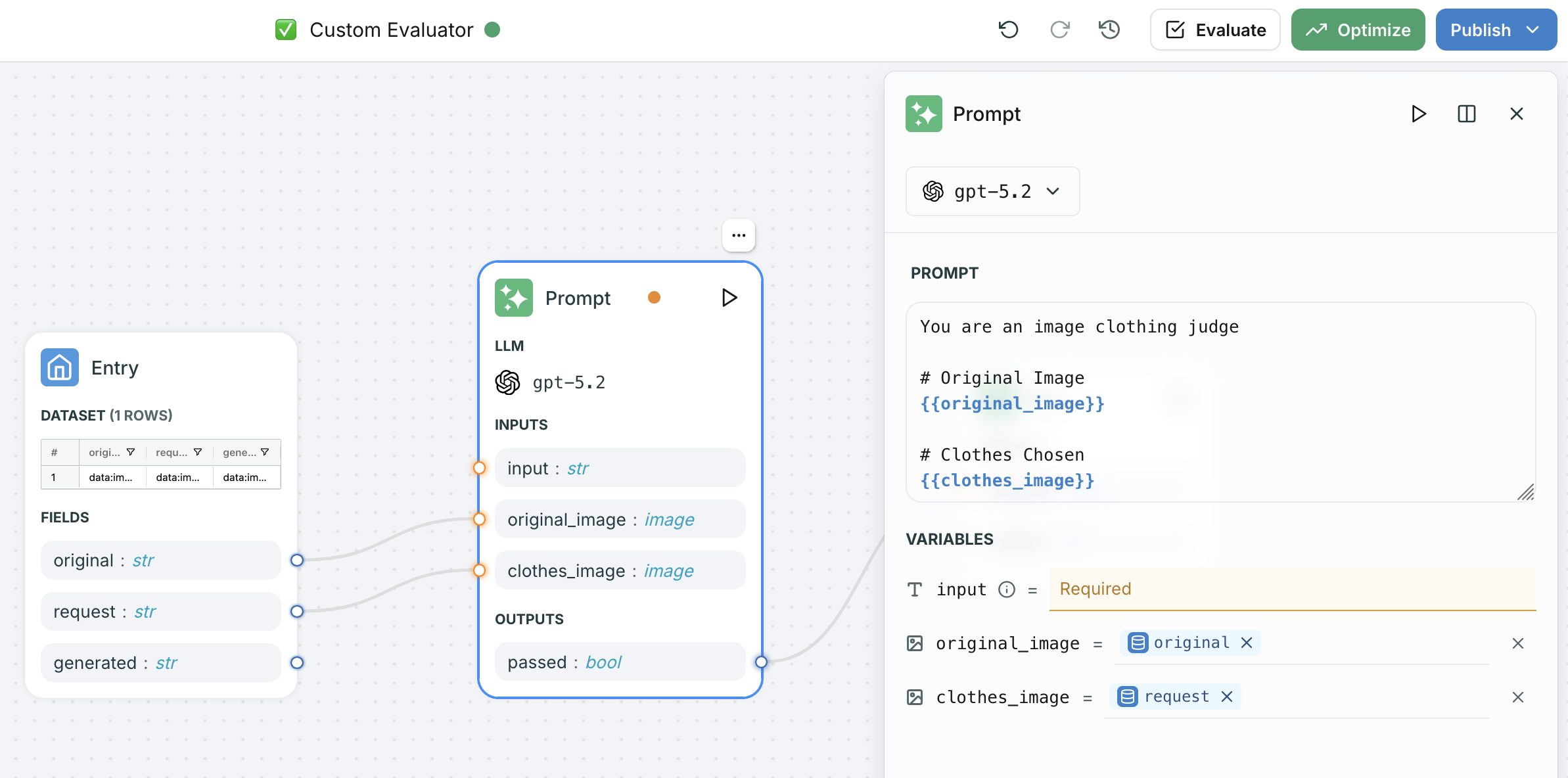 LangWatch custom workflow evaluator showing image variables in prompt template