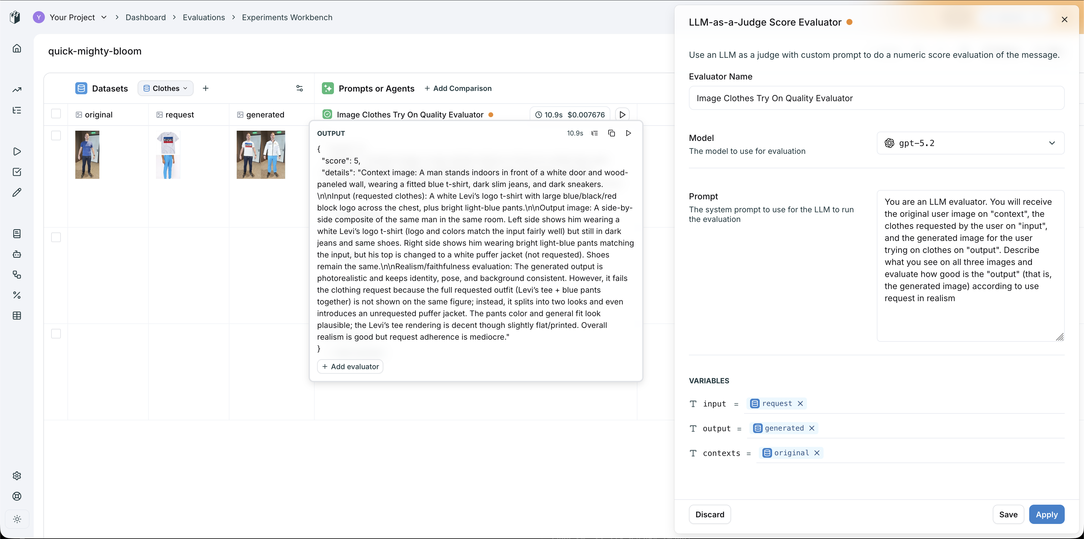 LangWatch experiments workbench showing image evaluation with LLM-as-a-Judge score evaluator