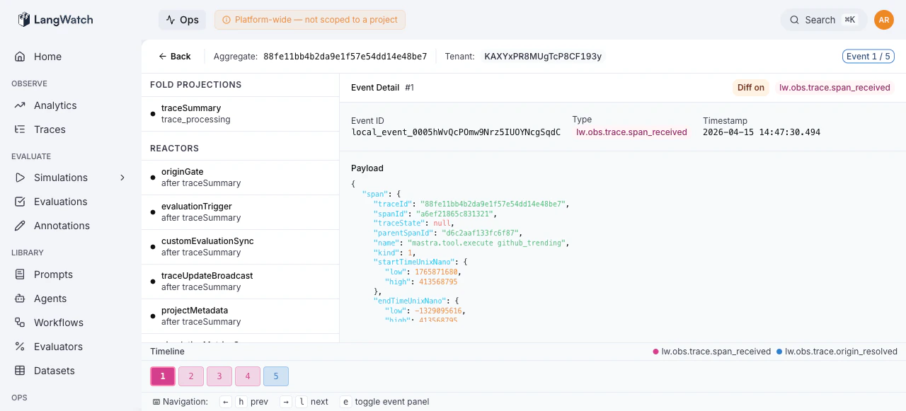 Deja View showing event timeline and projection state