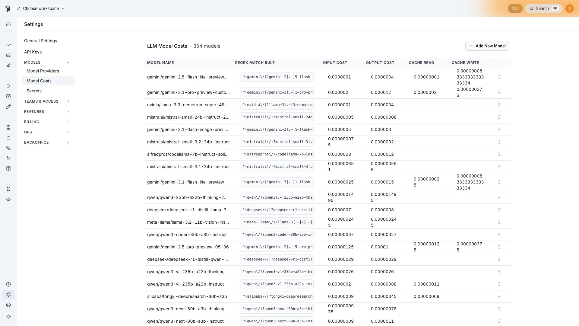 Model Costs settings page listing 350+ models with input, output, cache read and cache write prices