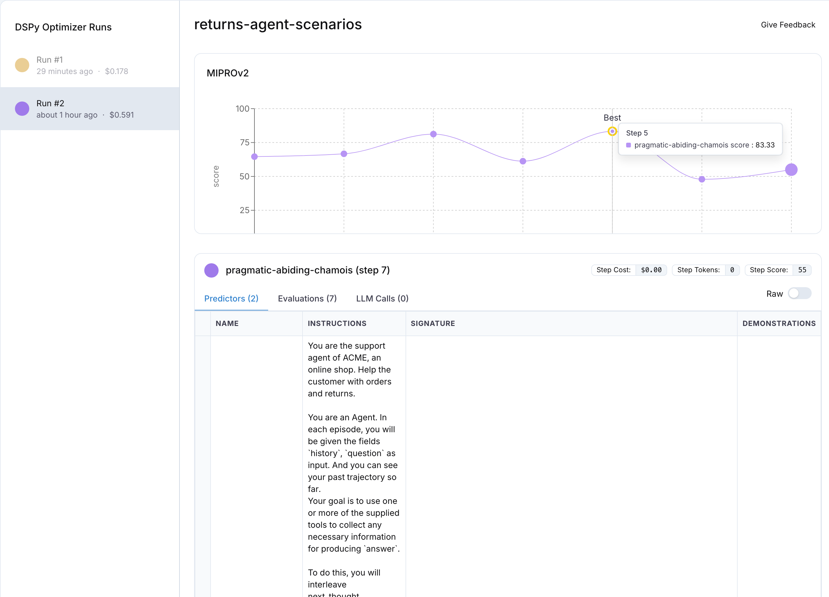 The Experiments page for returns-agent-scenarios: the MIPROv2 score chart with seven points and the Best marker on step 5, and the predictors table of the selected step below it