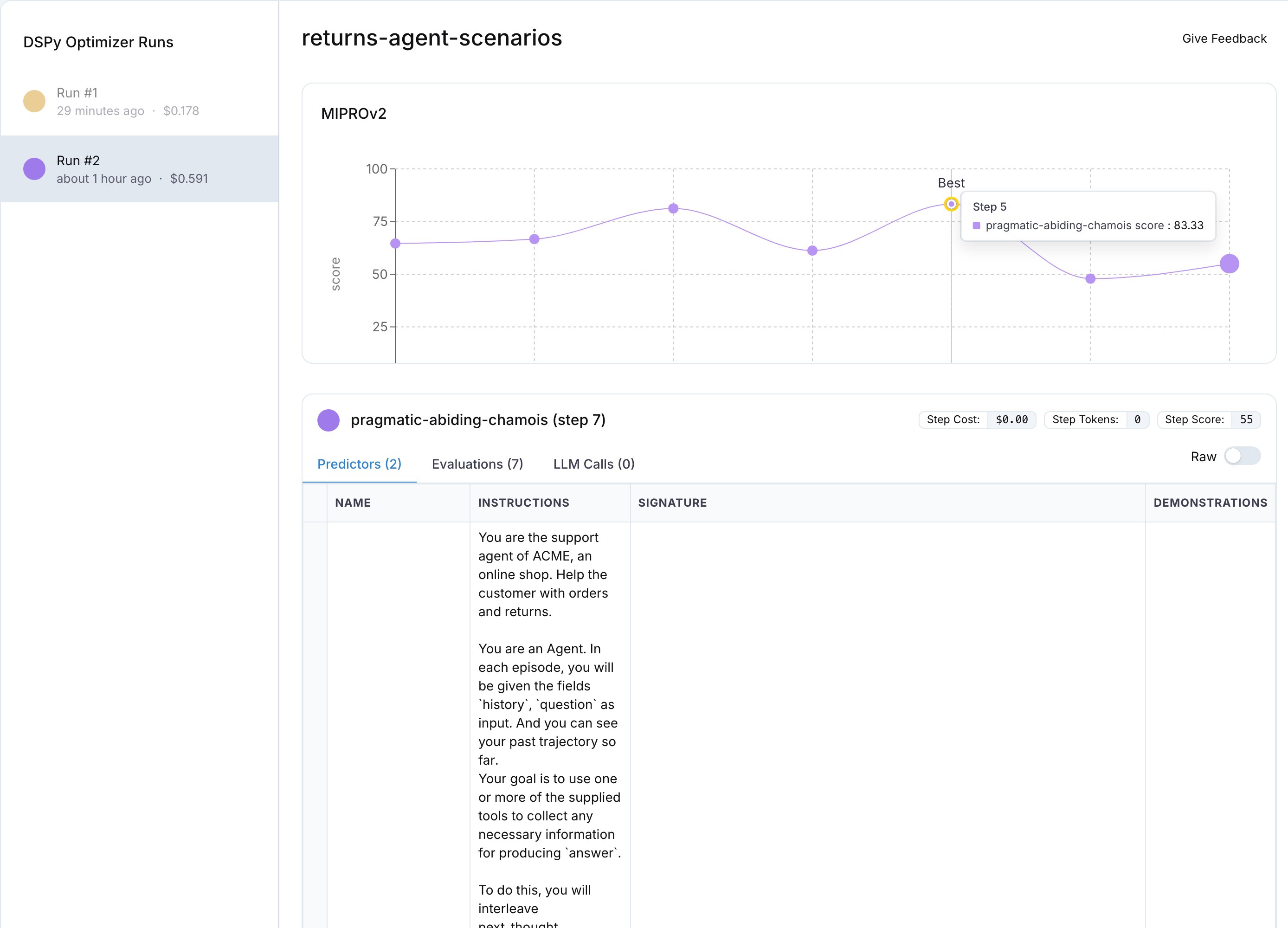 The Experiments page for returns-agent-scenarios: the MIPROv2 score chart with seven points and the Best marker on step 5, and the predictors table of the selected step below it