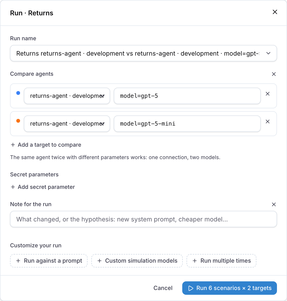 The run dialog with the same agent on two rows, model=gpt-5 on one and model=gpt-5-mini on the other, and the Run button counting both