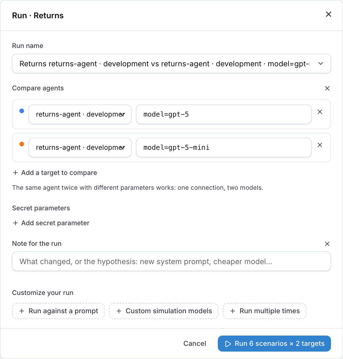 The run dialog with the same agent on two rows, model=gpt-5 on one and model=gpt-5-mini on the other, and the Run button counting both