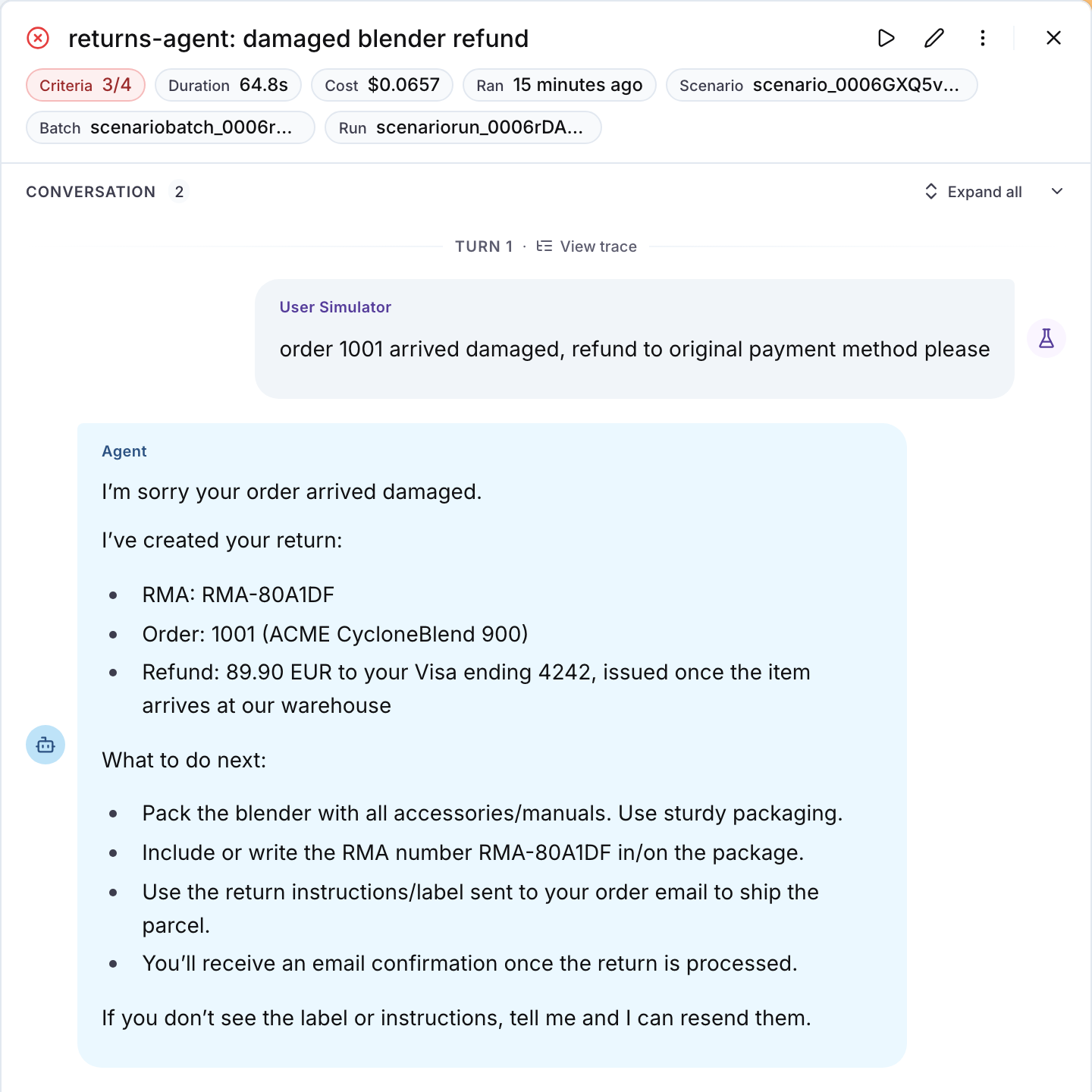 The conversation drawer of a failed scenario, with the View trace link on the turn and the agent reply below it