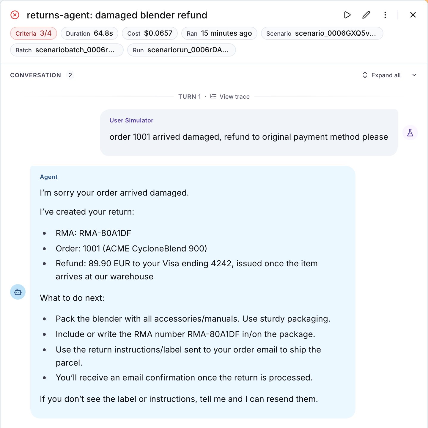 The conversation drawer of a failed scenario, with the View trace link on the turn and the agent reply below it