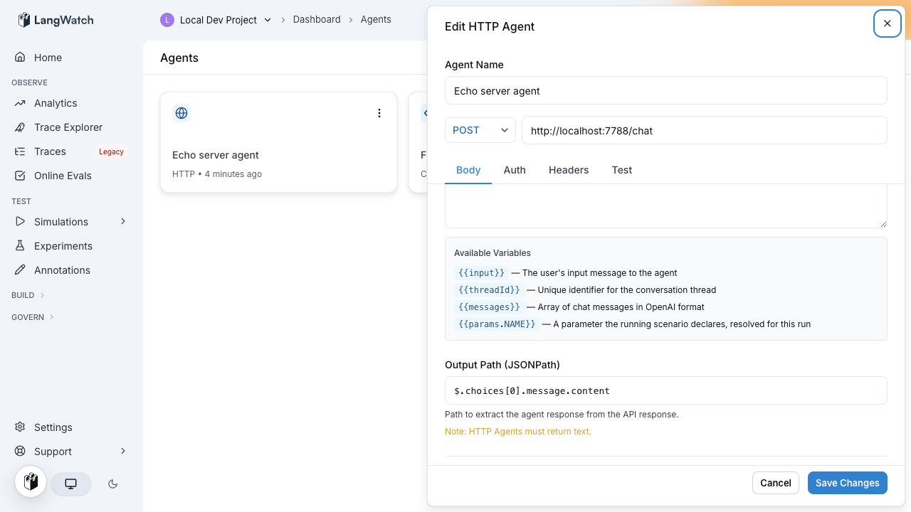 The HTTP agent body template editor referencing params.fixture, with the available variables hint listing params.NAME