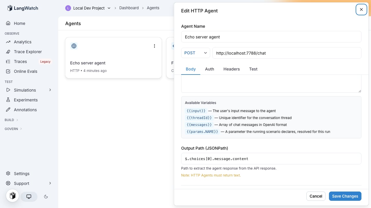 The HTTP agent body template editor referencing params.fixture, with the available variables hint listing params.NAME