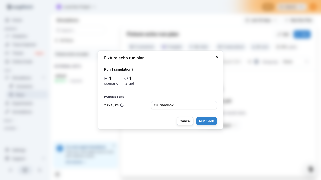The suite run confirmation dialog with a Parameters block, the fixture field prefilled from the scenario's default value