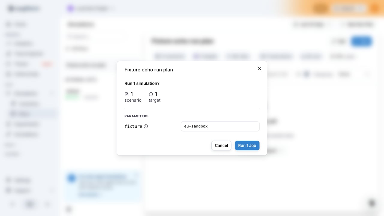 The suite run confirmation dialog with a Parameters block, the fixture field prefilled from the scenario's default value