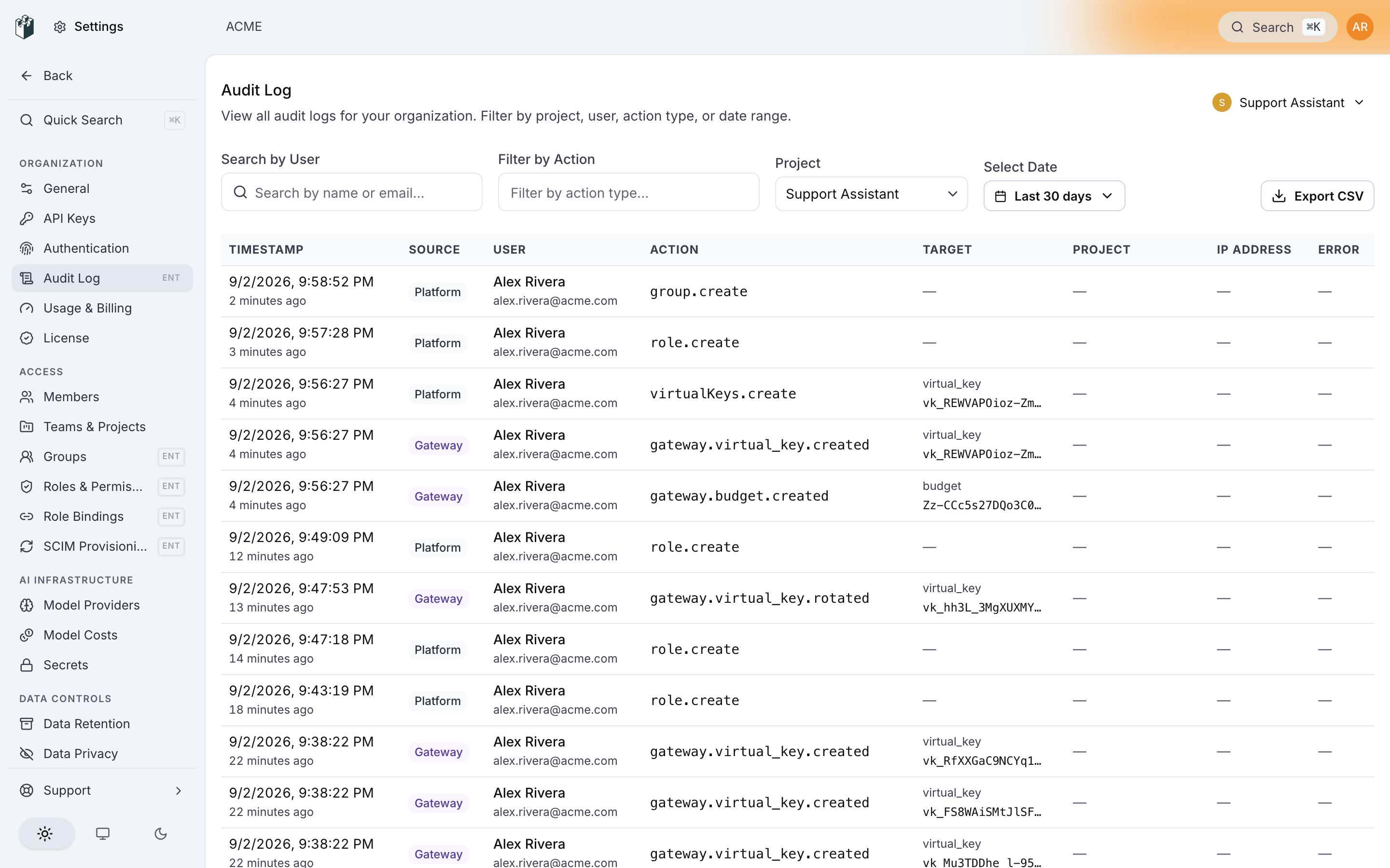 Settings > Audit Log with the filters and a page of rows