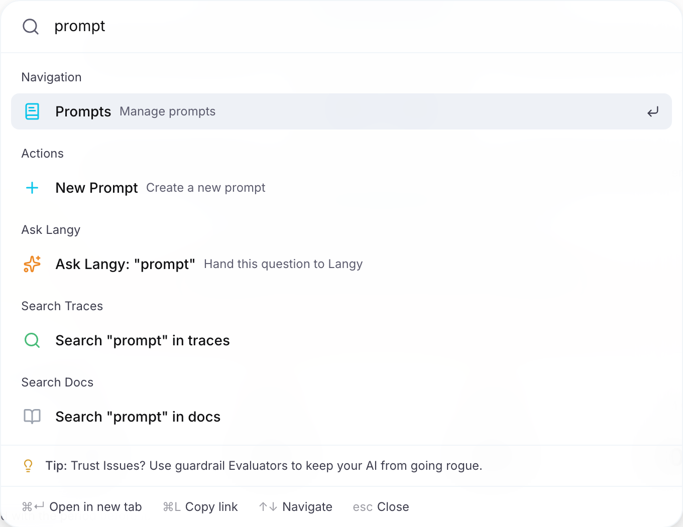 The command bar with prompt typed, showing the Navigation and Actions matches
