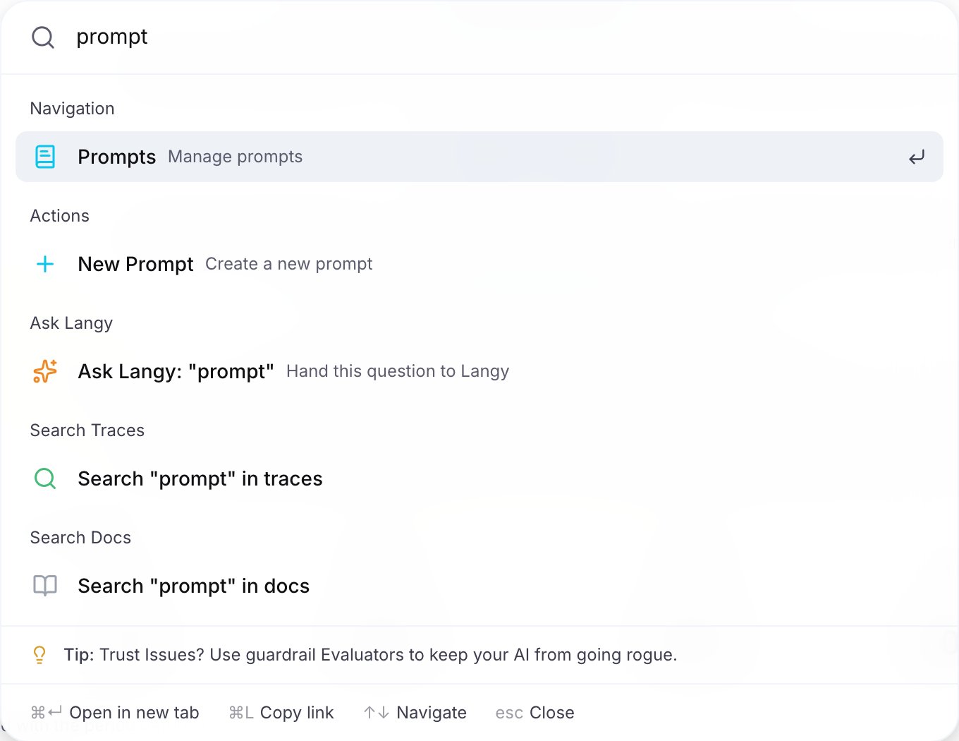 The command bar with prompt typed, showing the Navigation and Actions matches