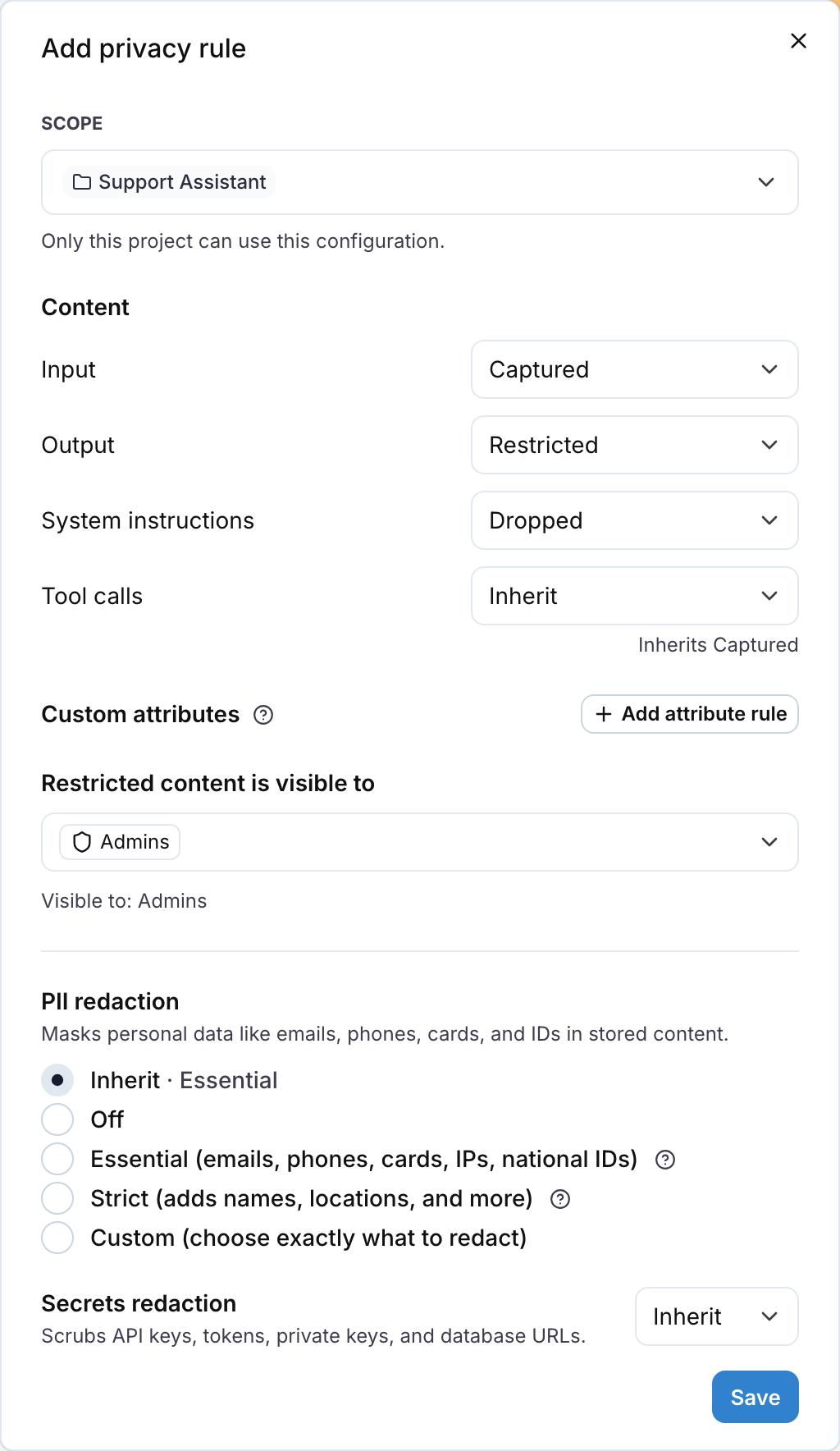The Add privacy rule drawer with the content, audience, PII and secrets controls