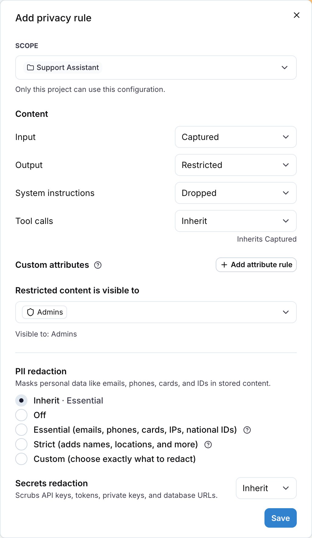 The Add privacy rule drawer with the content, audience, PII and secrets controls