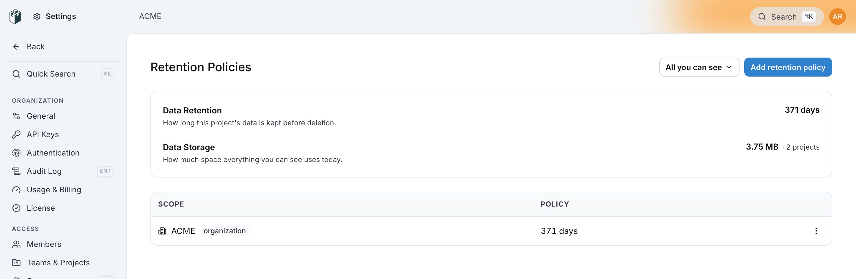 Settings > Data Retention with the retention and storage panels, one organization policy and the Add retention policy button