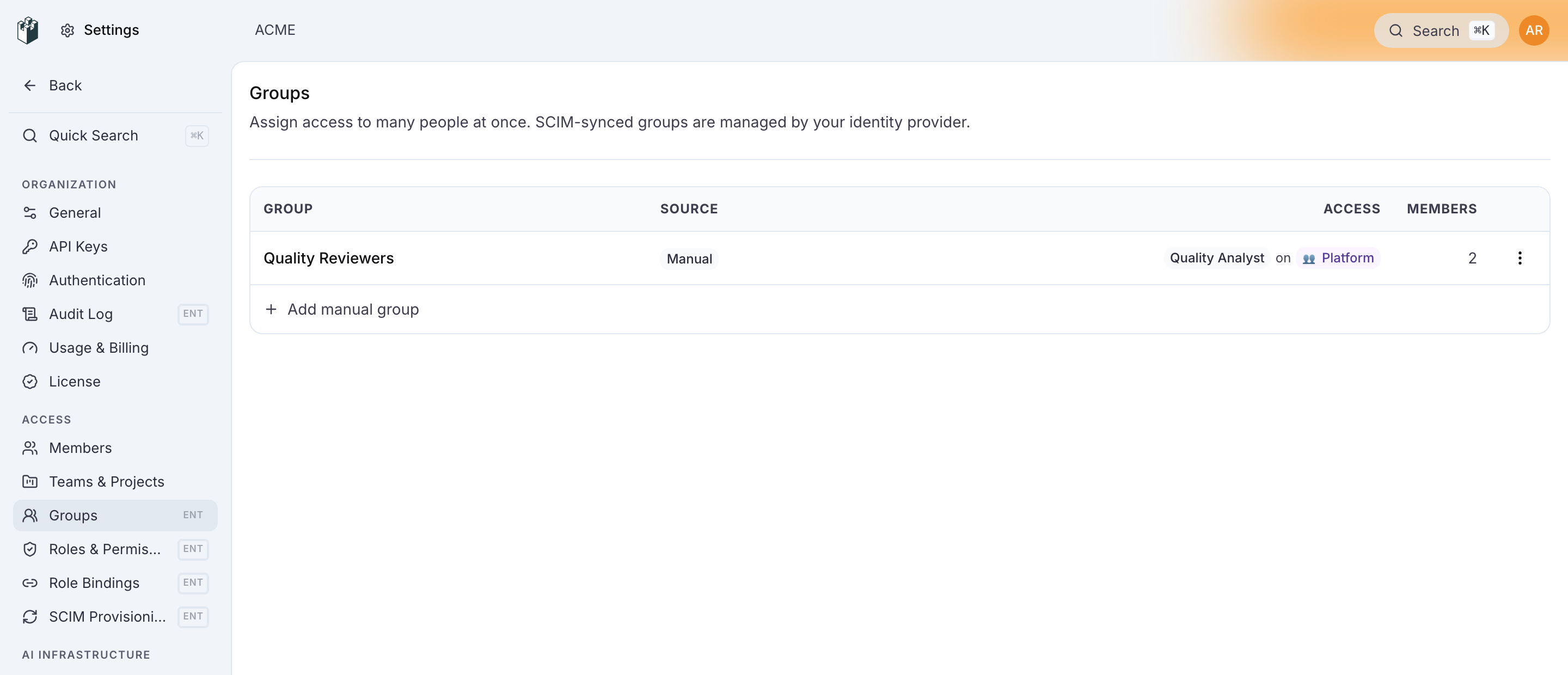 Settings > Groups with one manual group, its access and its member count