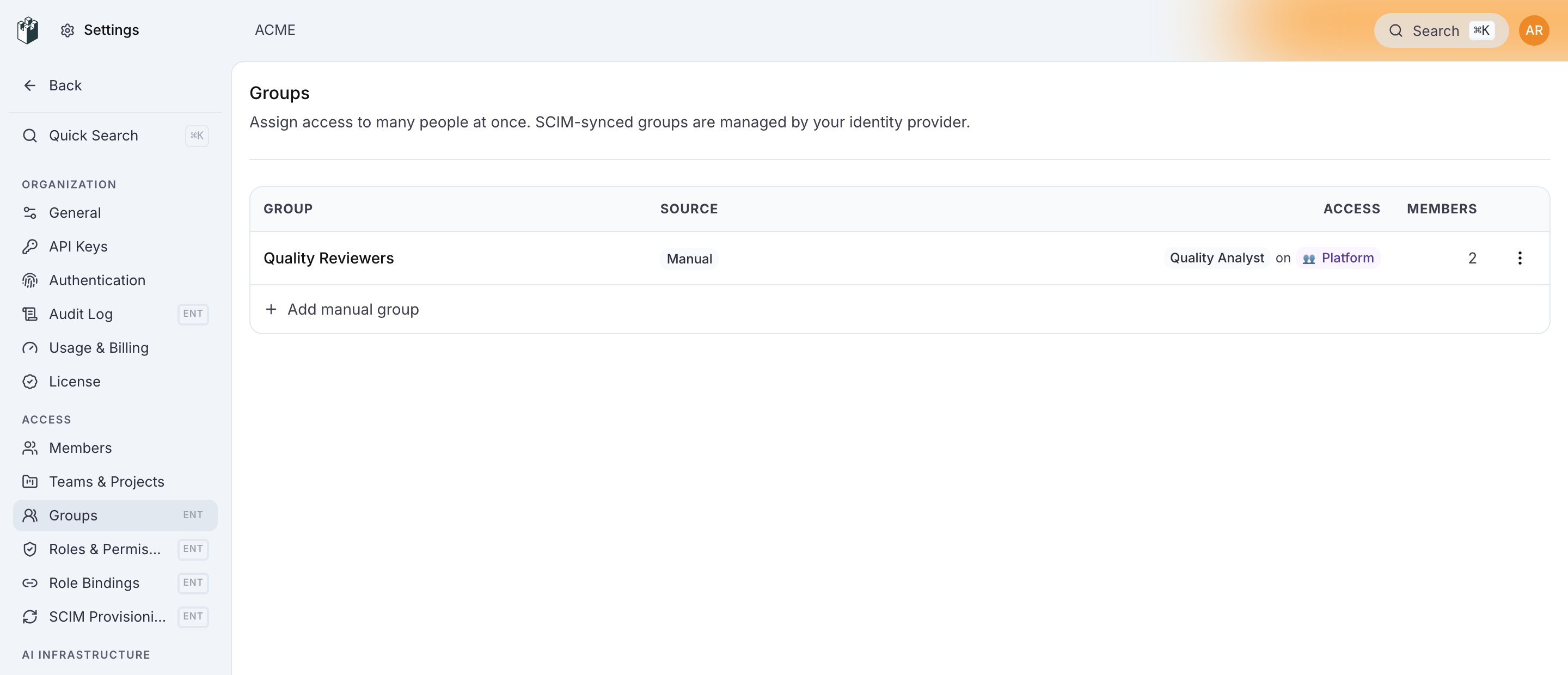 Settings > Groups with one manual group, its access and its member count