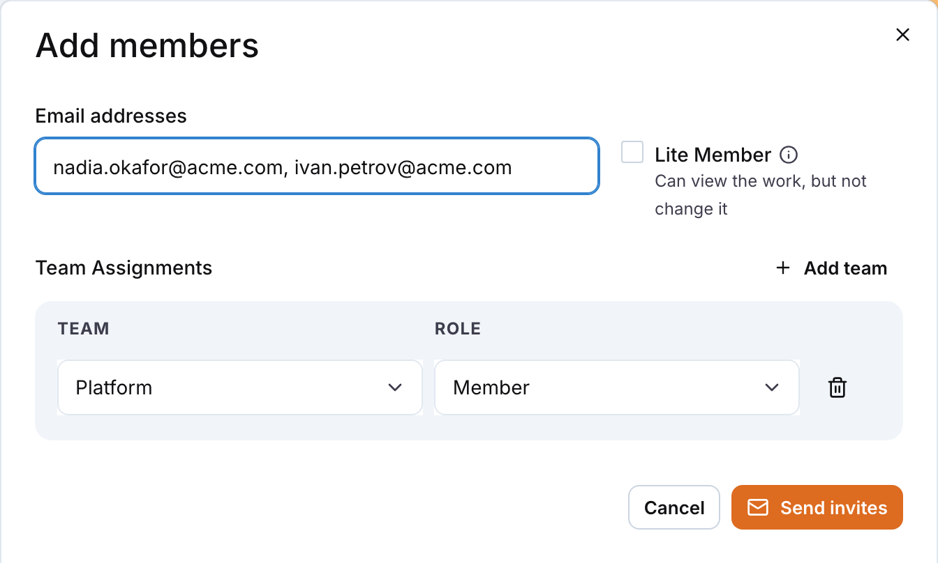 The Add members drawer with emails, the Lite Member option and team assignments