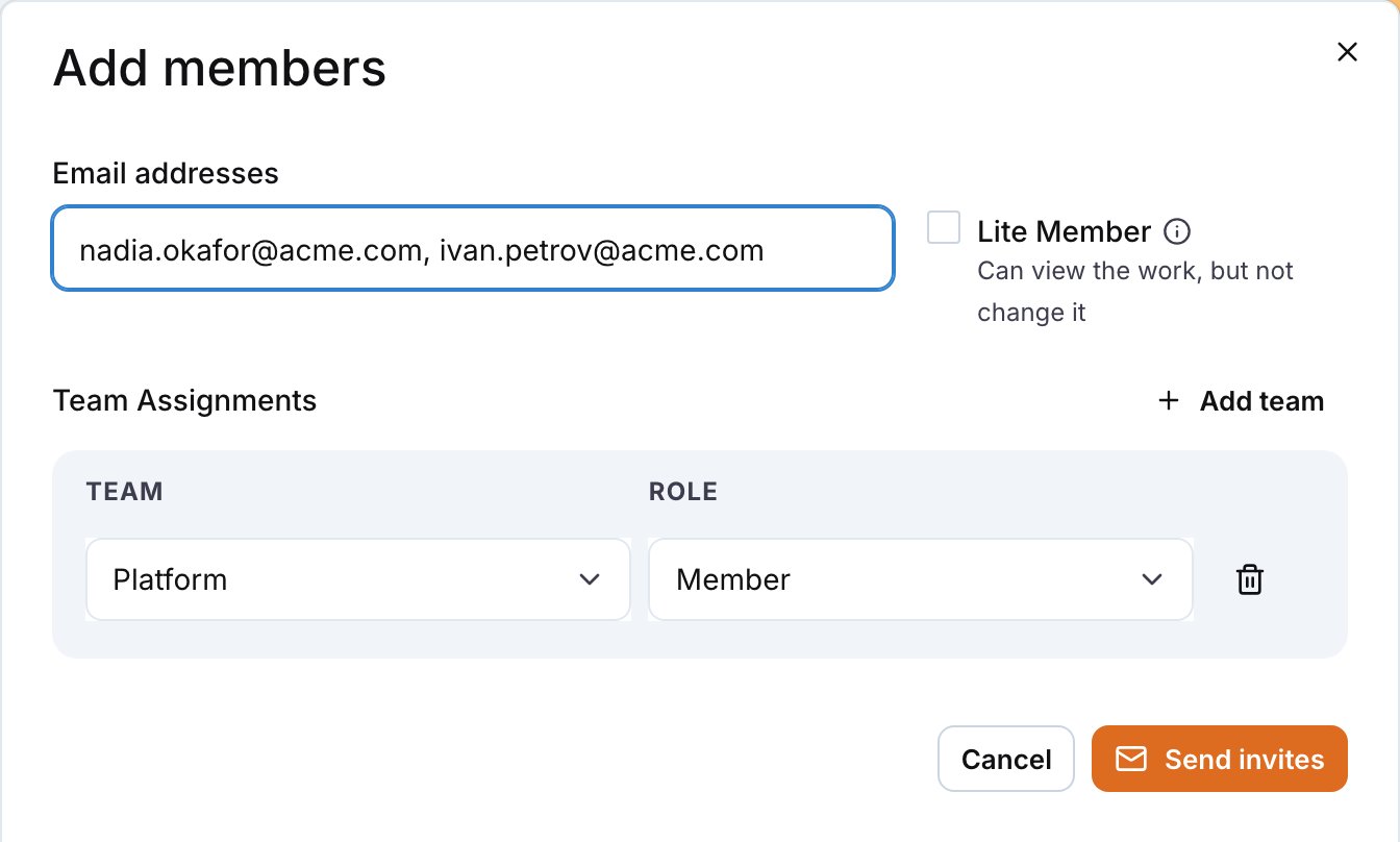 The Add members drawer with emails, the Lite Member option and team assignments