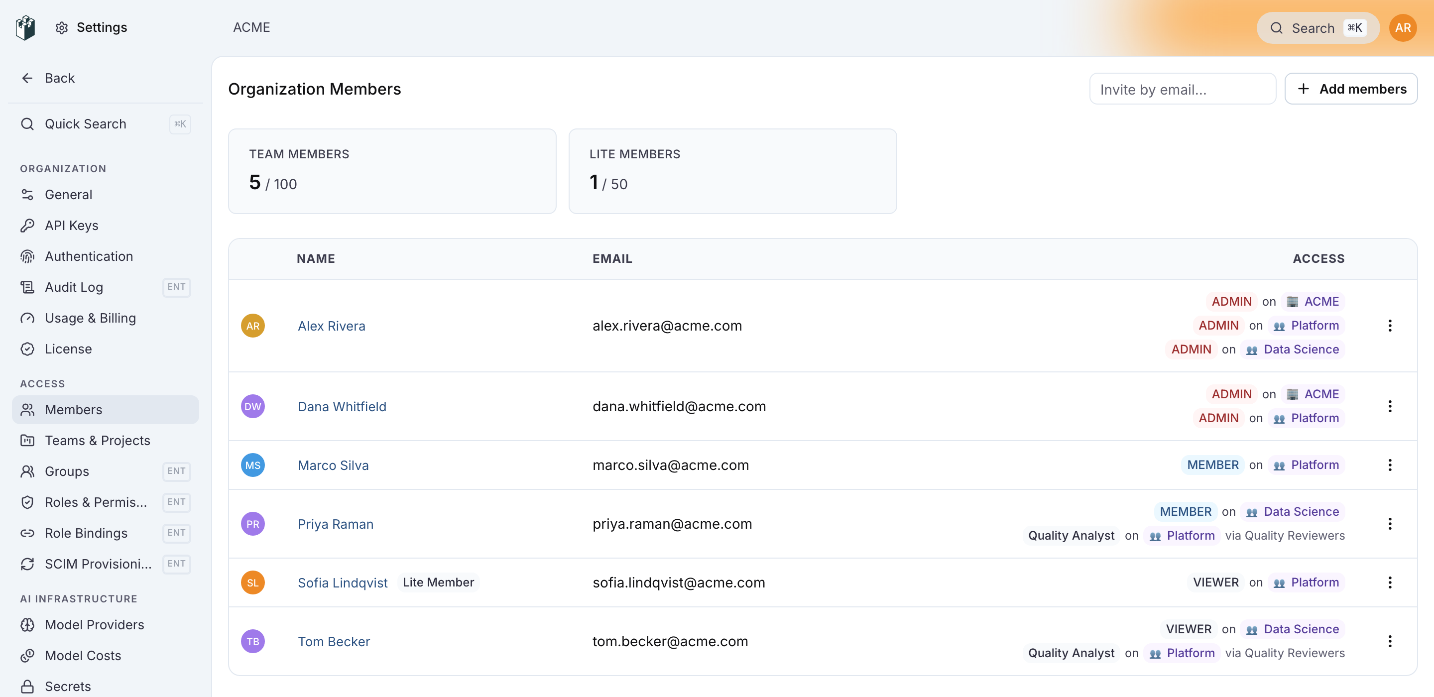Settings > Members with the seat usage, the members table and the Add members button