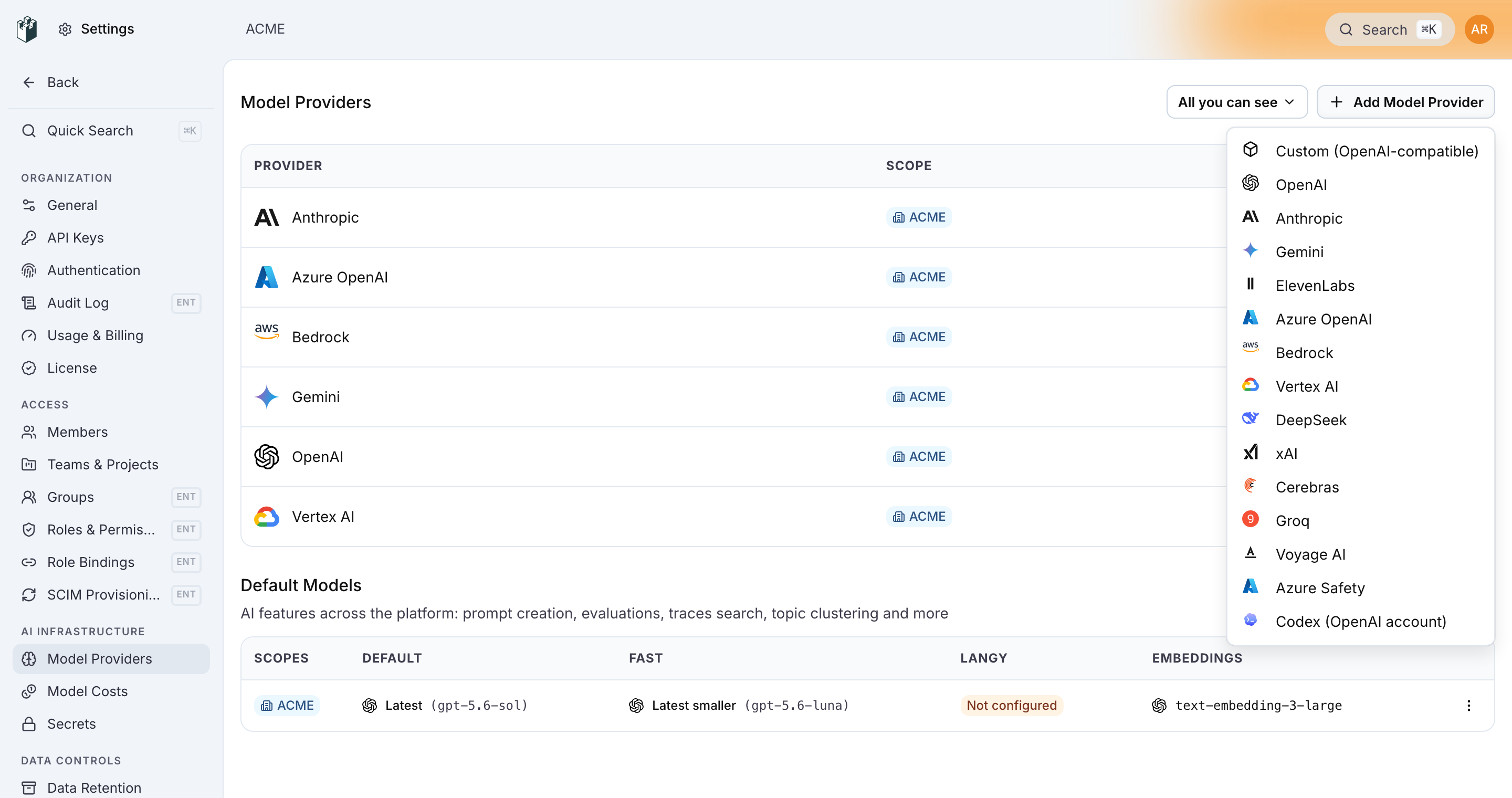 The Add Model Provider menu with the provider types