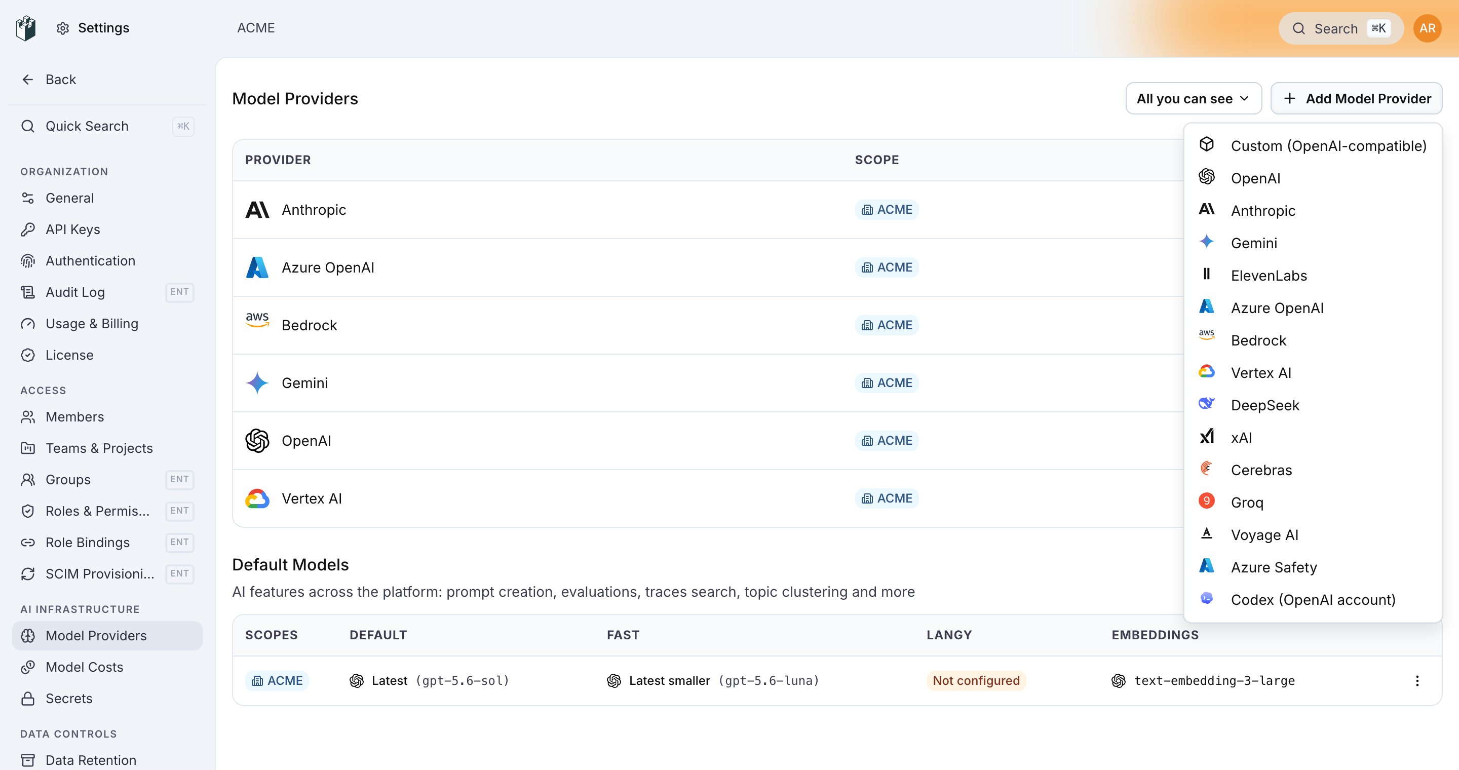 The Add Model Provider menu with the provider types