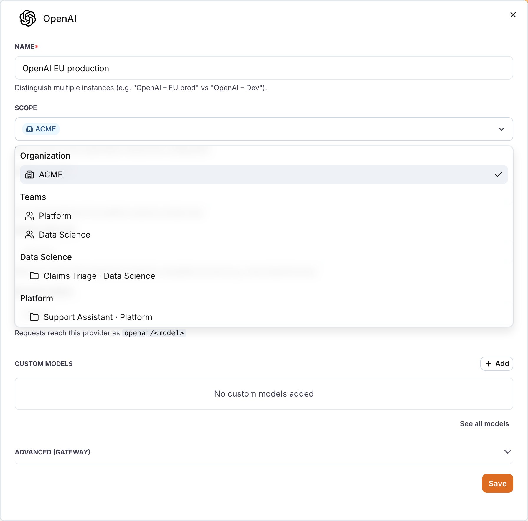 The provider drawer with the Scope picker open