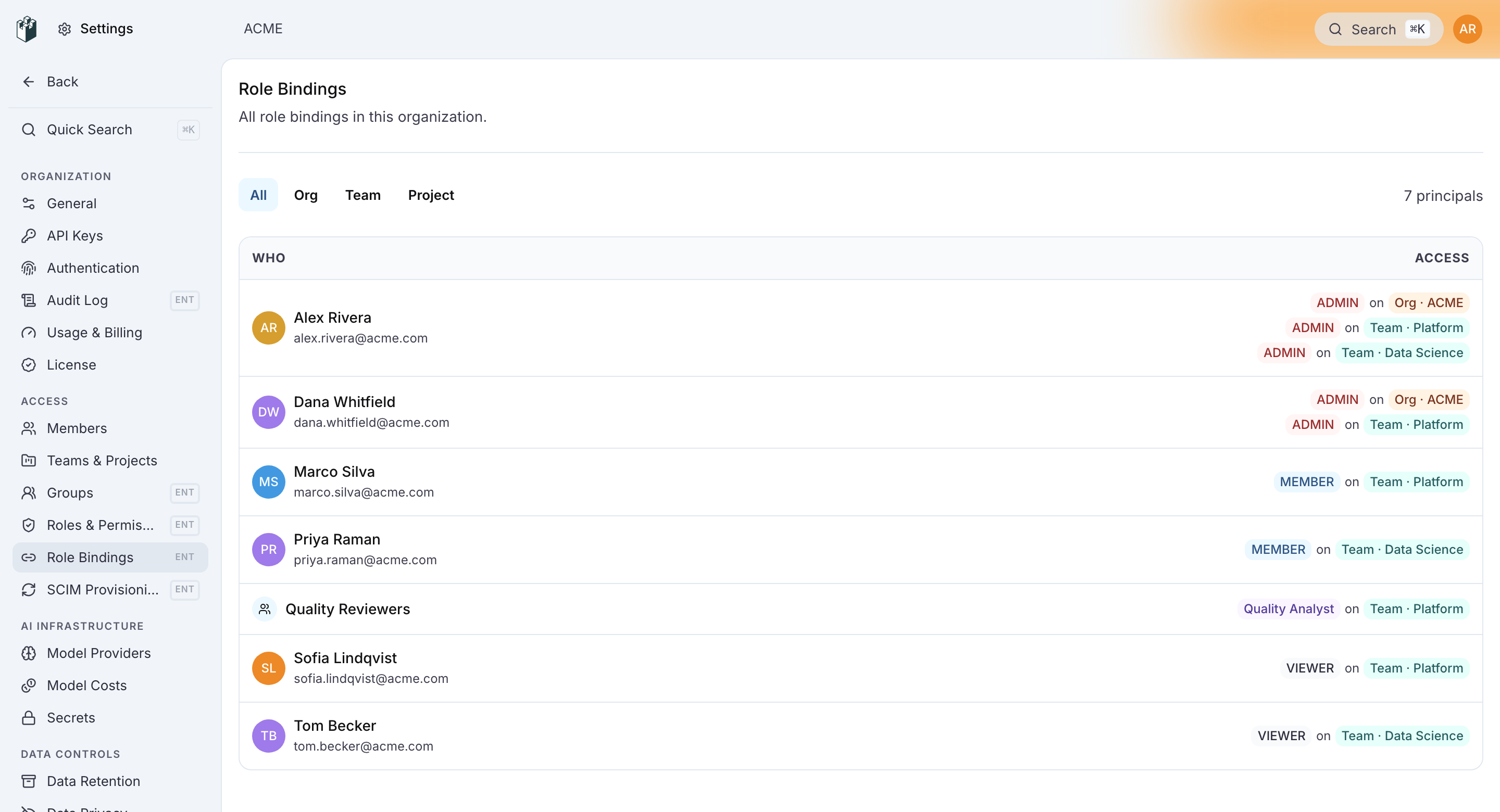 Settings > Role Bindings listing bindings per person and group