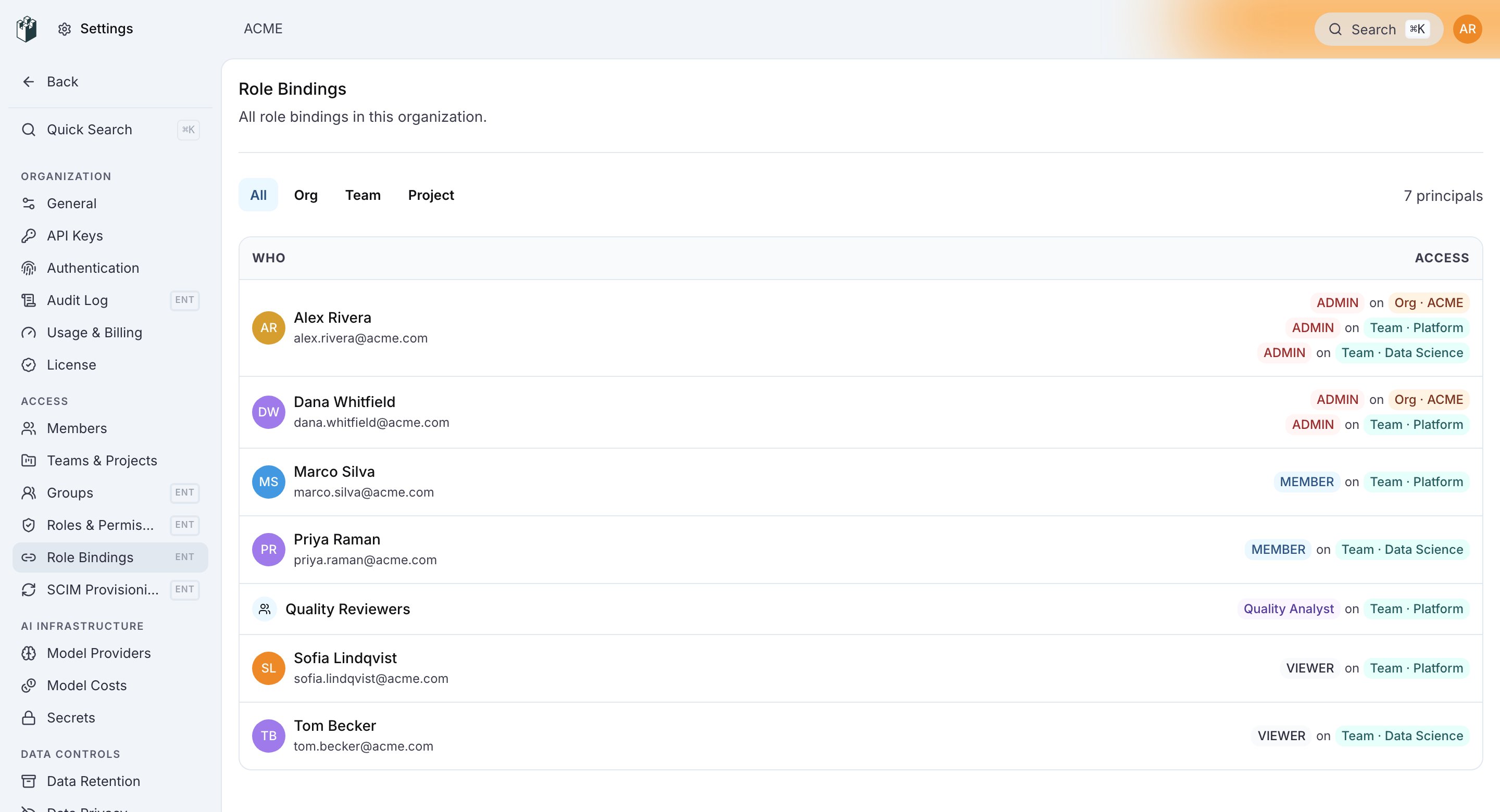 Settings > Role Bindings listing bindings per person and group