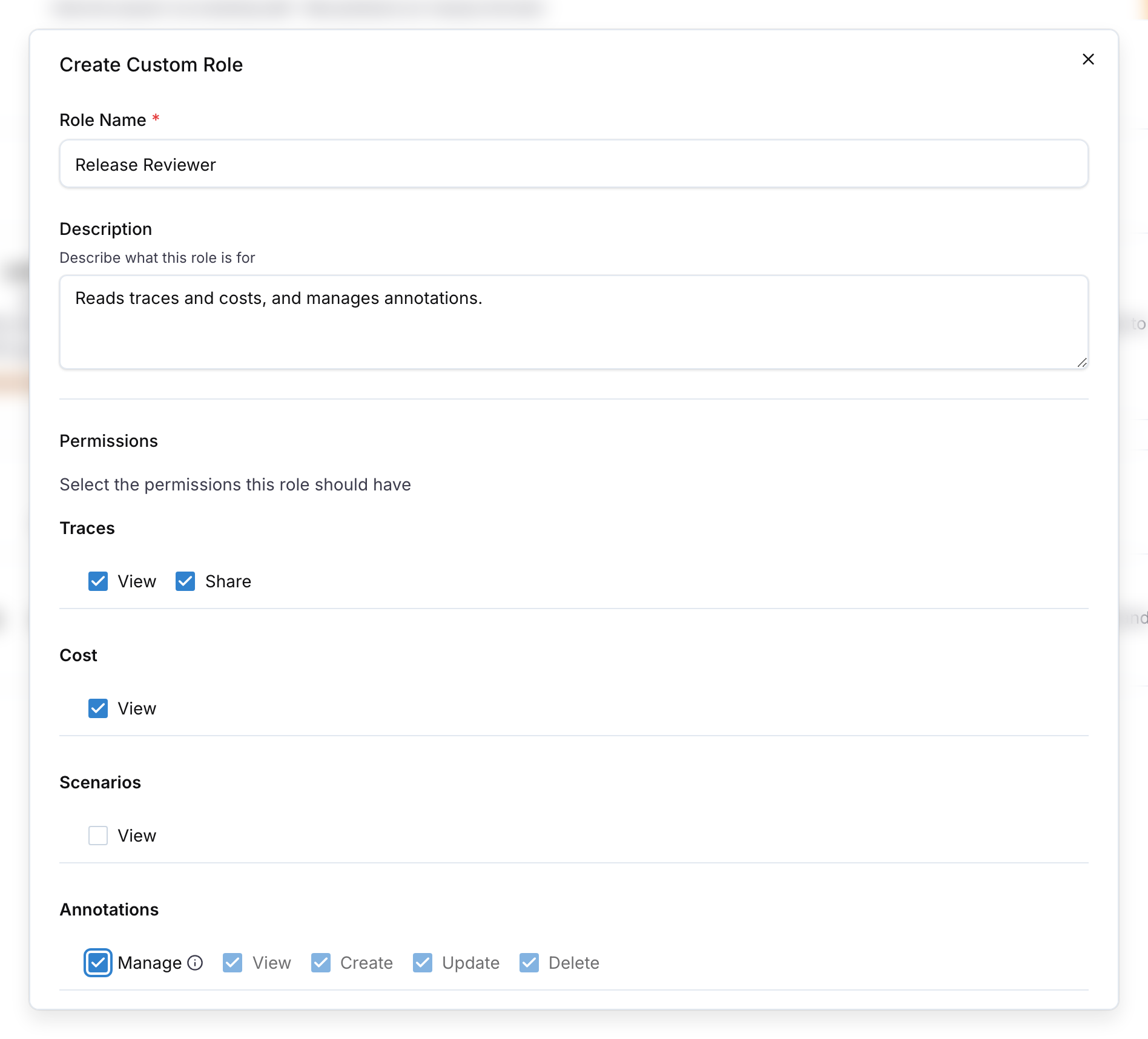 The Create Role dialog with the permission selector