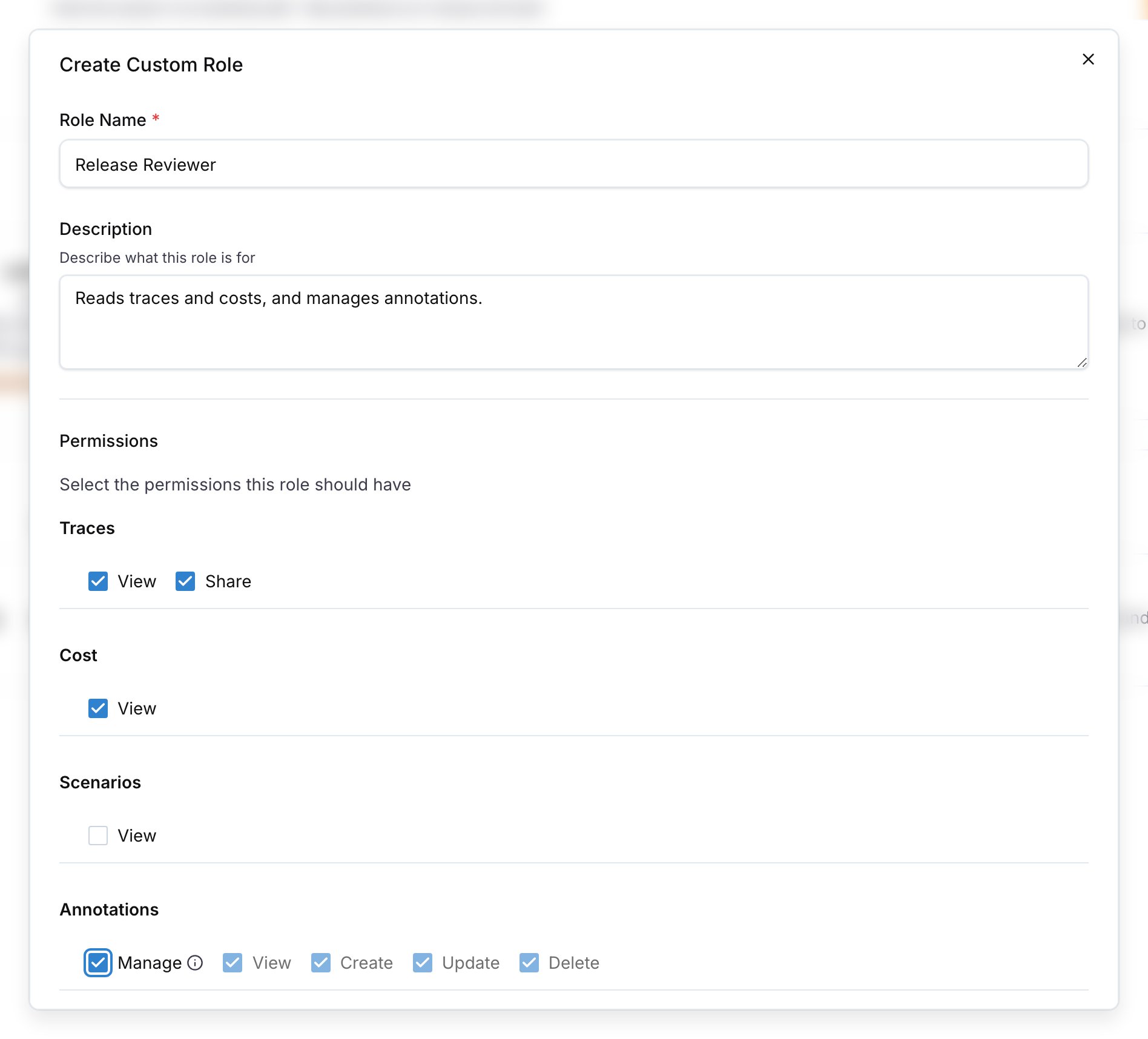The Create Role dialog with the permission selector