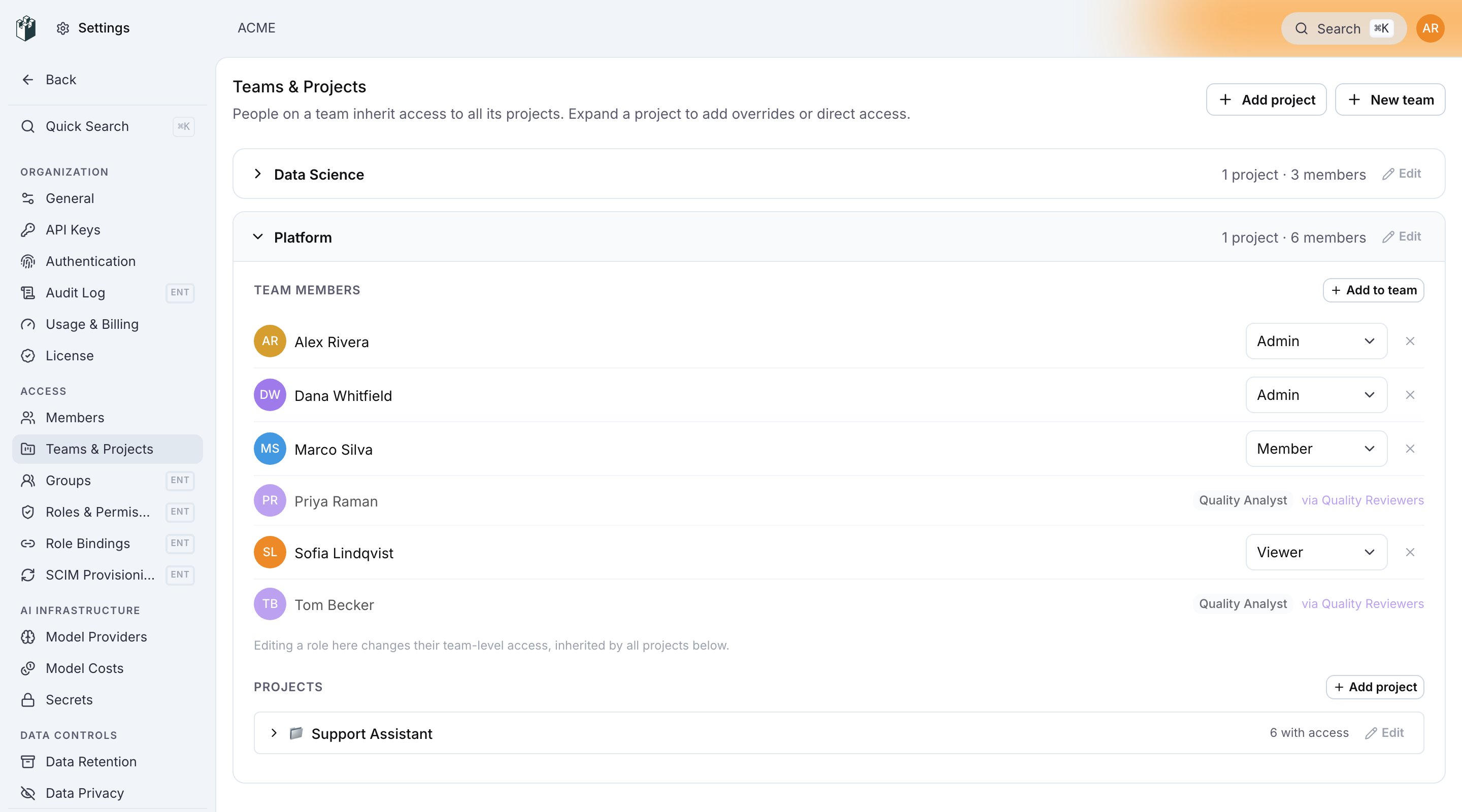 A team expanded on Settings > Teams & Projects with the per-member role select