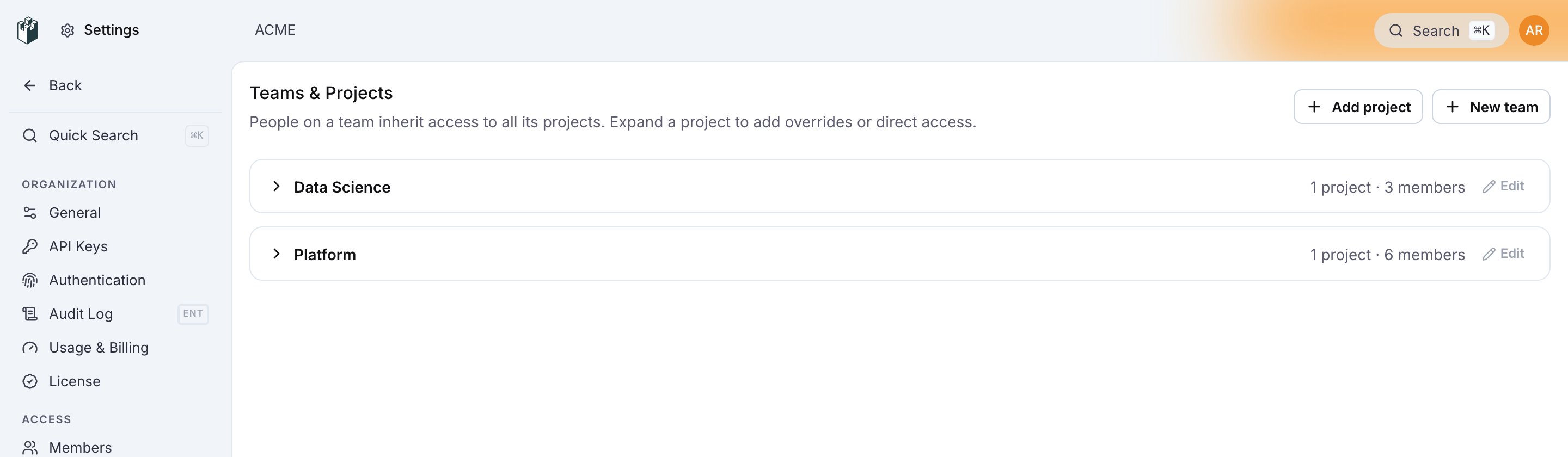 Settings > Teams & Projects with two teams, their members and their projects