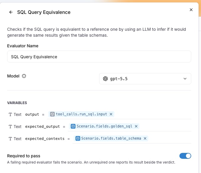 The SQL Query Equivalence drawer with output mapped to tool_calls.run_sql.input, expected_output to Scenario.fields.golden_sql, expected_contexts to Scenario.fields.table_schema, and Required to pass switched on