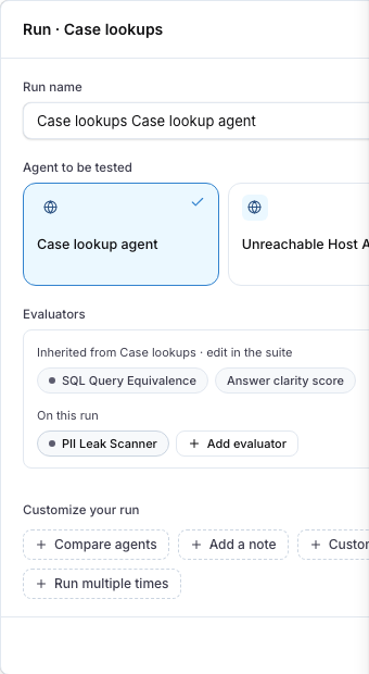 The run dialog with the evaluators inherited from the Case lookups suite and a PII Leak Scanner added on this run