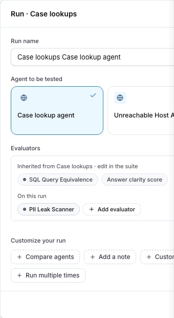 The run dialog with the evaluators inherited from the Case lookups suite and a PII Leak Scanner added on this run