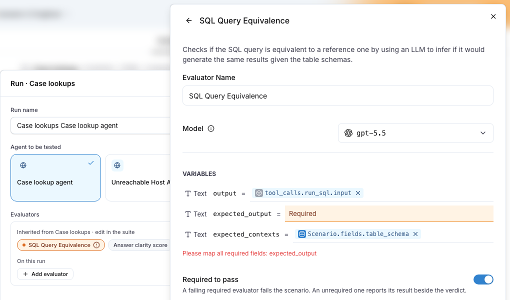 The run dialog behind the SQL Query Equivalence drawer, open on the unmapped expected_output input with the message Please map all required fields