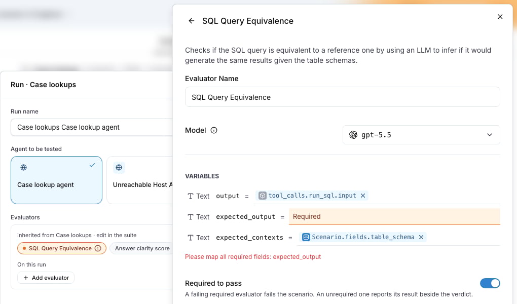 The run dialog behind the SQL Query Equivalence drawer, open on the unmapped expected_output input with the message Please map all required fields