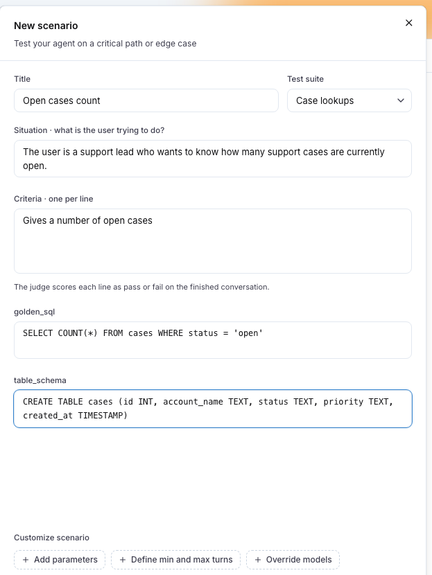 The scenario editor with the golden_sql and table_schema boxes filled in under the criteria